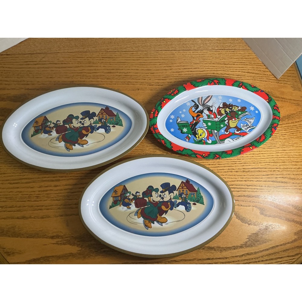 3 Vintage Disney Mickey Minnie Looney Tunes Christmas Melamine Serving Trays